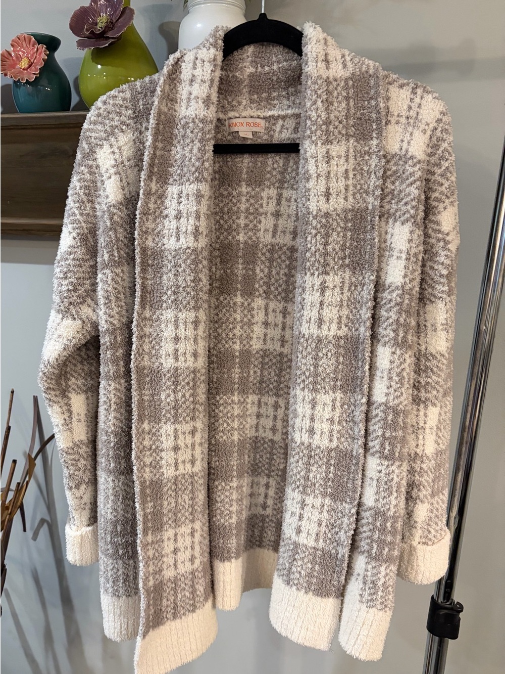 Knox Rose Cream and Taupe Plaid Open-Front Women's Sweater size medium
